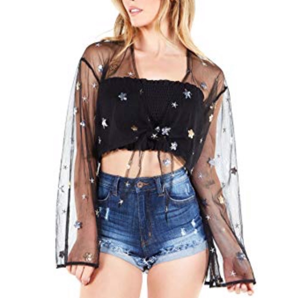 NEW Sheer Black Crop Top Sequin Stars